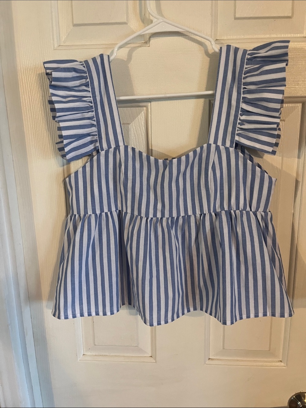 Striped Blue and White Ruffle Strap Women's Peplum Top size S